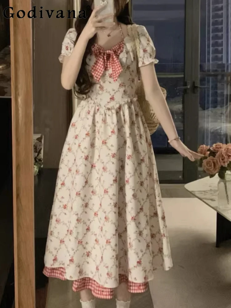

French Sweet Floral Square Neck Bow Short Sleeve Dress Large Size Girl High Waist A-line Fashion Versatile Korean Long Dresses