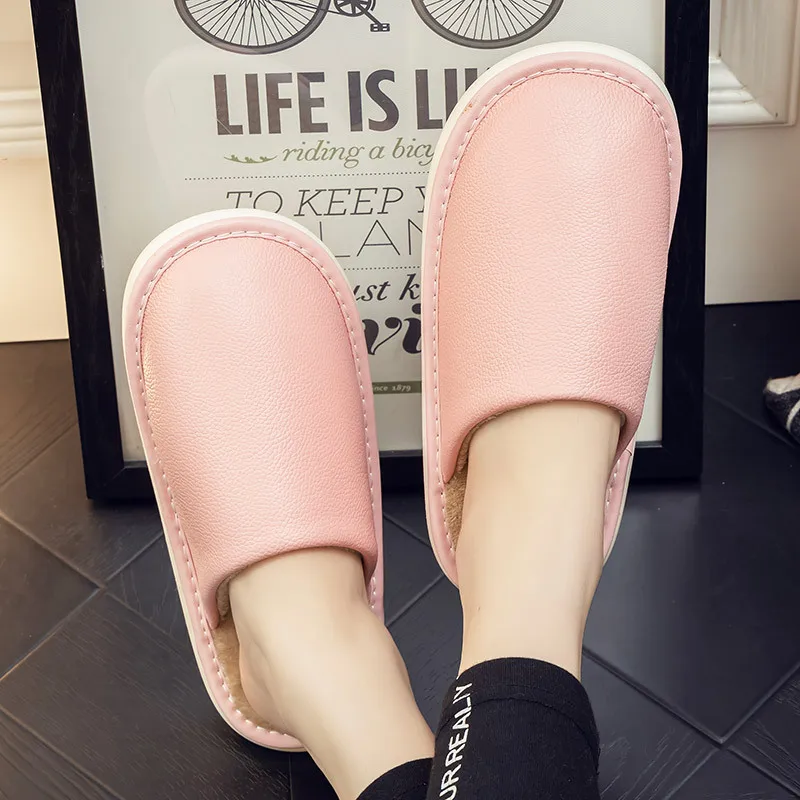 

Casual Unisex Home Slippers New Style Spring Women Men Leather Slippers Indoor Warm Plush Flip Flops Couple Furry Floor Shoes
