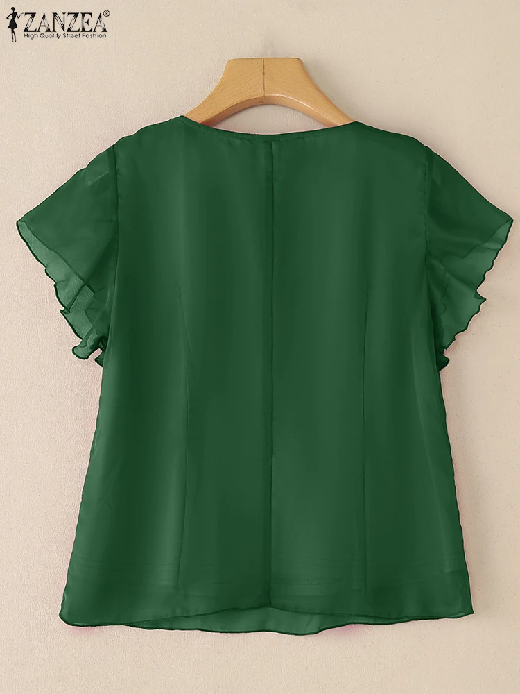 ZANZEA Elegante Chiffon Sheer Blouses Dames Ruches V-hals Korte Mouw Effen Kleur Tops 2025, Zomer Mode Vrouw Kleding S-3XL