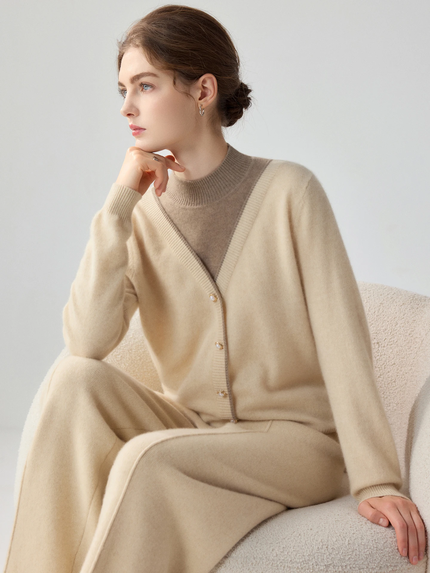 TLOML Women's 100% Cashmere Sweater Mock Neck False Two-piece Color blocking Pullover Cashmere Knitwear Autumn Winter Chic Tops