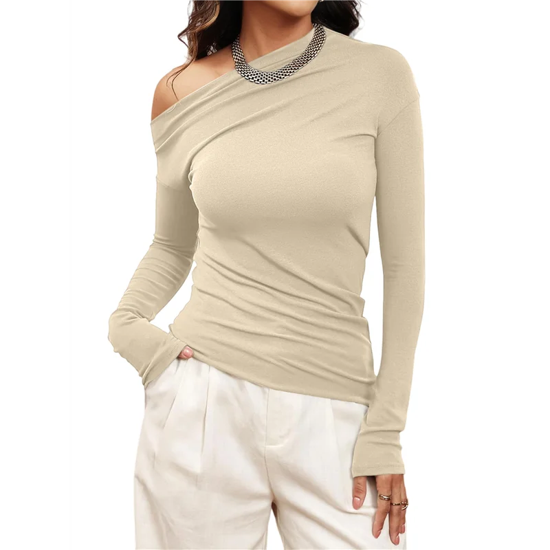 

CYL-женские топы с открытыми плечами, нарядные асимметричные облегающие блузки с длинными рукавами, осенняя блузка на выход, рубашки с рюшами, абрикосовые XL