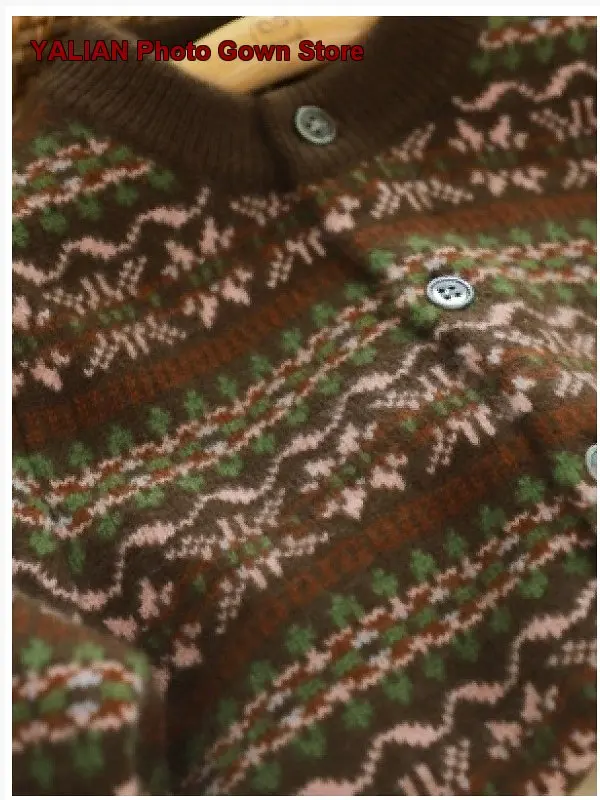 Fair Isle Cashmere Cardigan Boys Girls Newborn Toddler Round Neck Coffee Color Thickened Warm Coat for Autumn Winter Kids