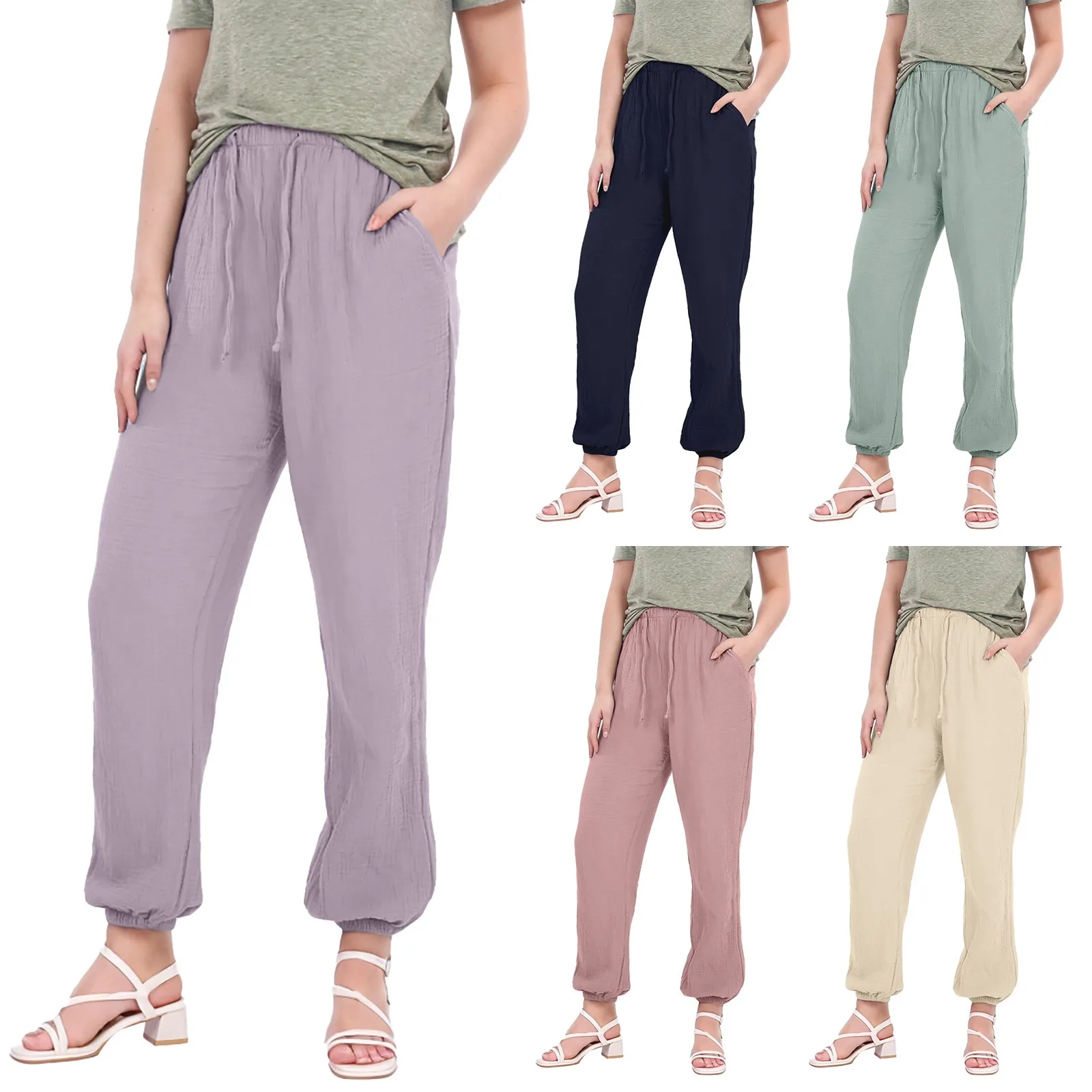 

Women'S Solid Color Wrinkle Pajama Pants Simple Slimming Elastic Waist Pocket Home Cotton Linen Casual Leg Straight Pants