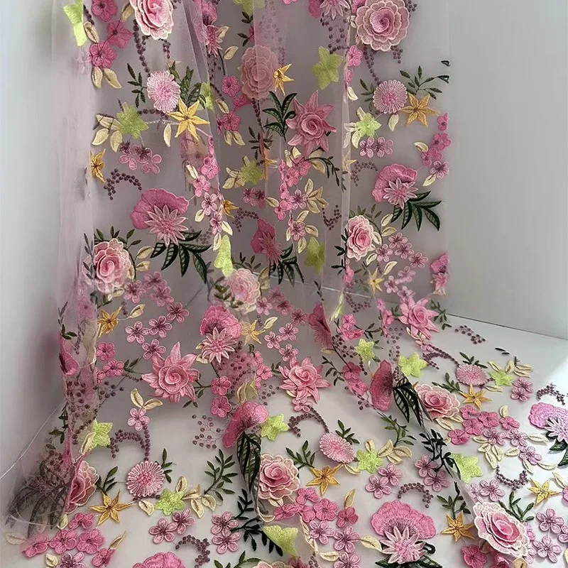 90x130cm 3D Floral Embroidered Tulle Lace Mesh Fabric DIY Dress Gown Sewing Wedding Evening Dress Wholesale Clothing Supplies