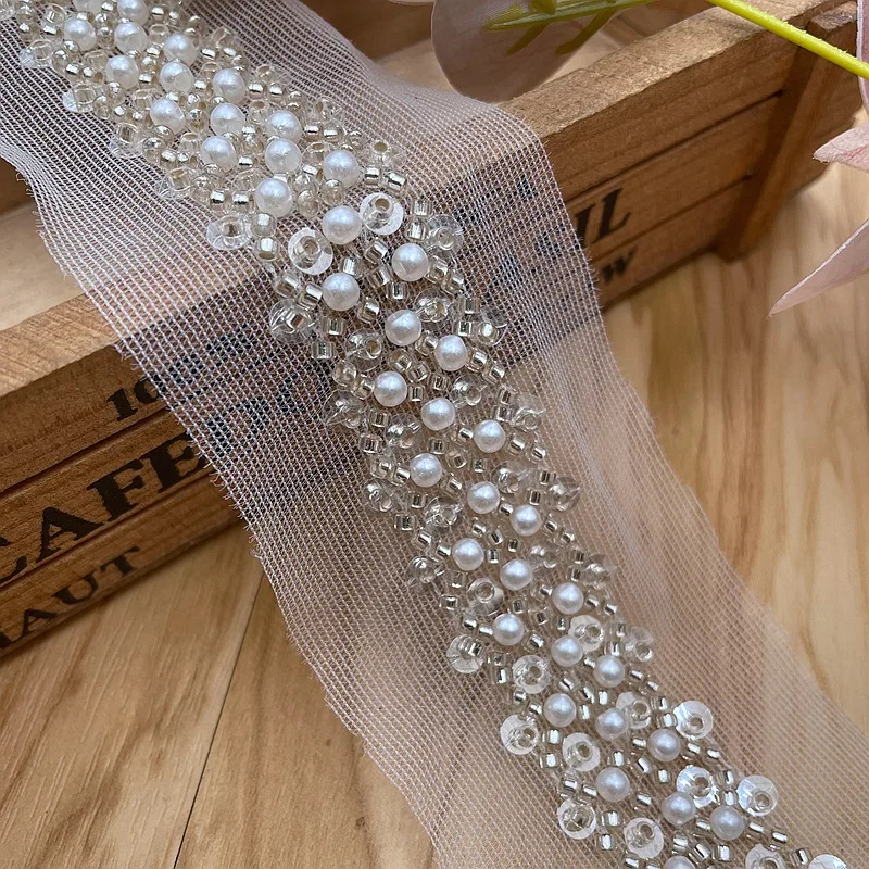 1 Yard Pearl Beaded Trim Bridal Lace Ribbon Embroidered Beads Applique Trim Straps for Crafts Sewing Wedding Dress DIY Fabric