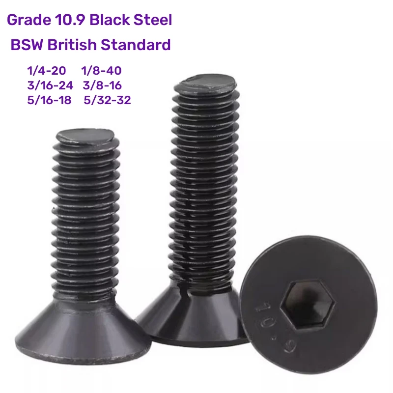 BSW 1/4 1/8 3/16 5/32 5/16 3/8 Grade 10.9 Black Steel British Standard Hexagon Hex Socket Countersunk Flat Head Screw Bolt