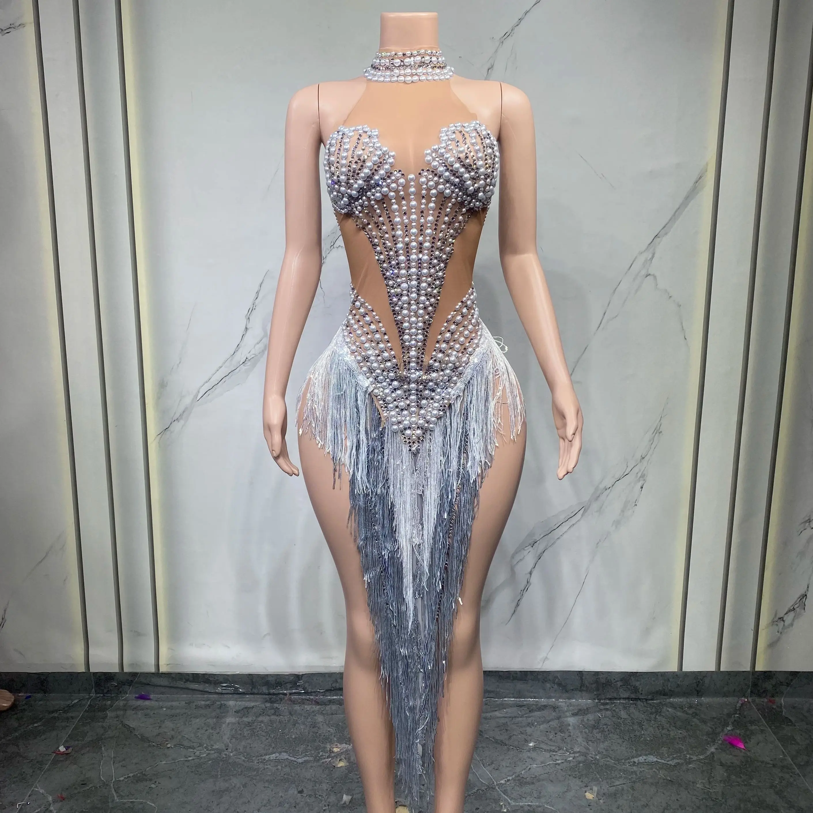 Elegant Women's Shell Pattern Diamond Fringe See-through Net Skirt Ankle Length Lace Material Special Occasion Skirt