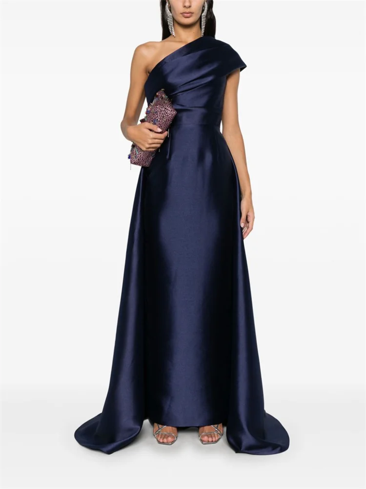 

Customized One Shoulder Neckline Sleeveless Satin Straight Evening Dress Sexy Back Zipper Floor Length Demi-Train Gown For Women