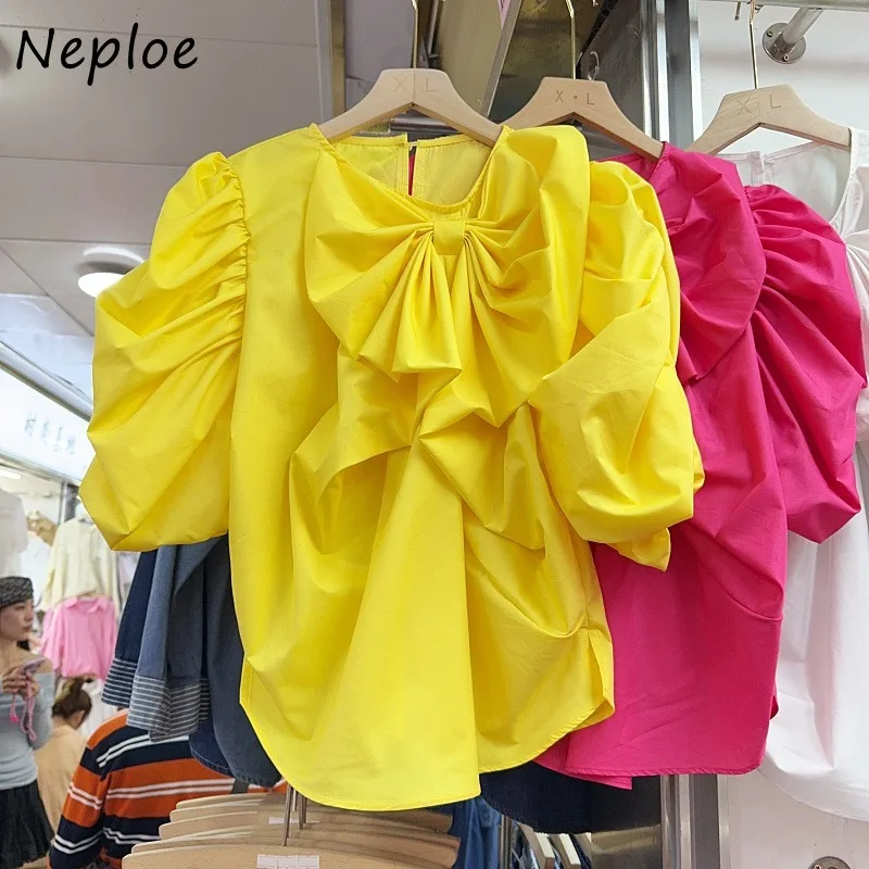 Neploe Fashion Vintage Ruched Puff Sleeve Blouses Y2k O-neck 3d Bow Shirts Women 2024 Summer New Loose White Blusas Mujer