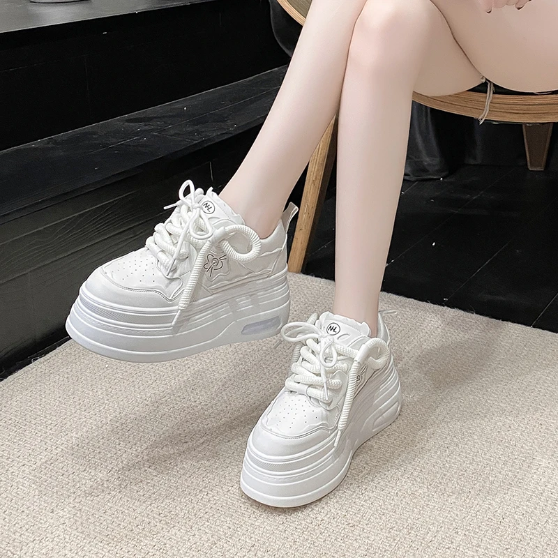 8CM High Platform Shoes Women New 2023 Autumn Chunky Sneakers Designer Thick Sole Leather Sports Shoes Breathable Sneakers Woman