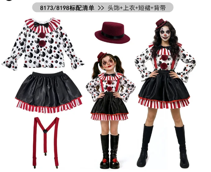 Familien-Clown-Kostüm-Set, gruseliges Horror-Clown-Outfit, Kleid, Overall, Halloween-Karnevalsparty, Bühnenkostüm – Detail 1