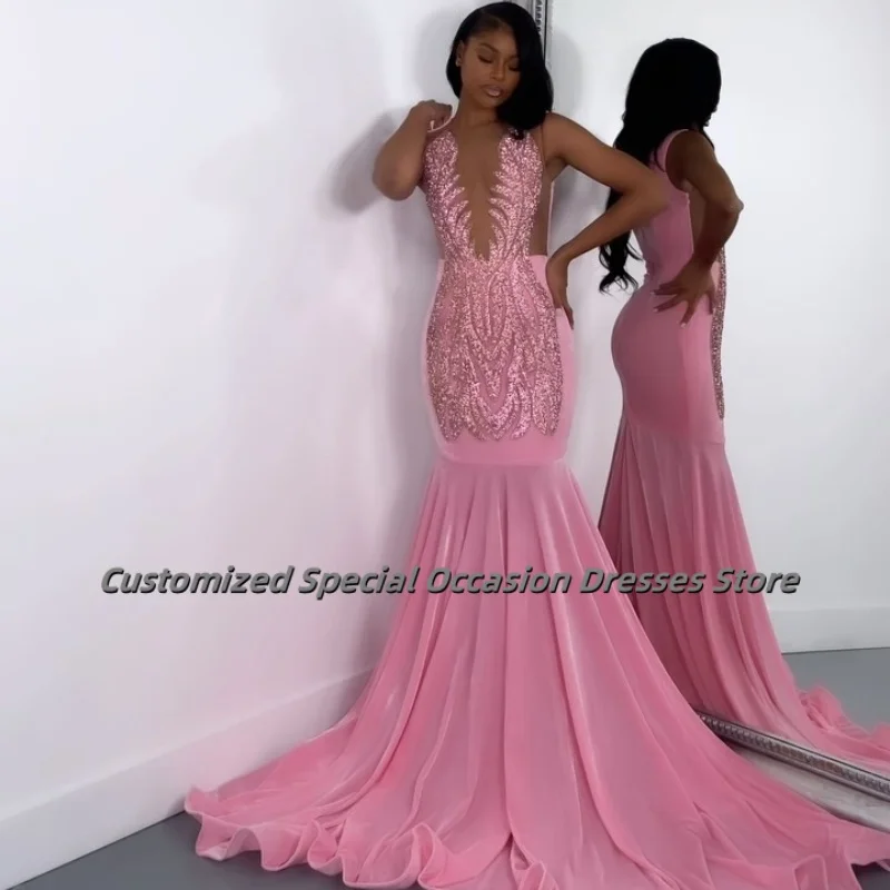 Sparkly Pink Mermaid Prom Dress Black Girl 2025 Beaded Diamond Rhinestones Evening Gowns Birthday Party Gala Customized