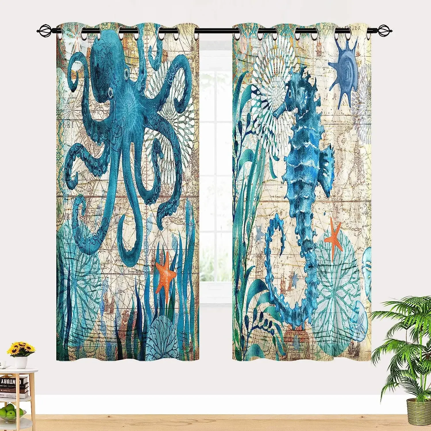 Ocean Animal Landscape Window Curtain, Coral with Nautical Map, Thin, Octopus, Living Room, Bedroom Decor