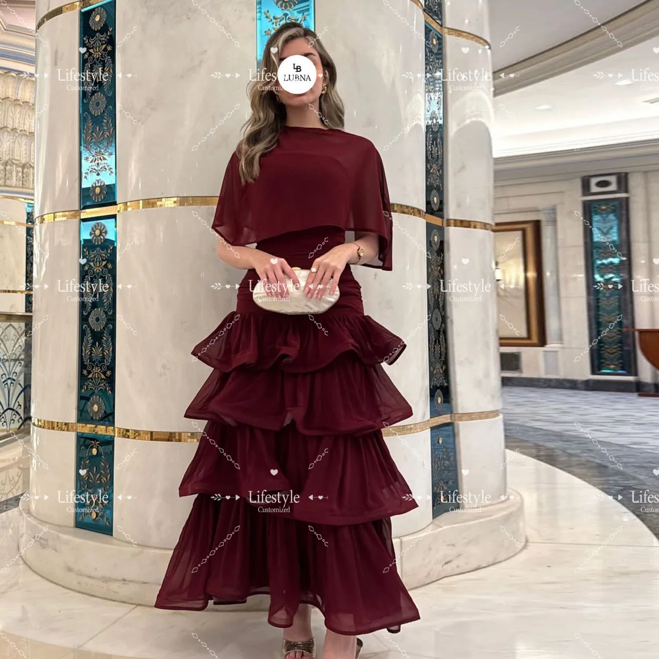 Customized Burgundy Capelet Chiffon Formal Evening Dresses Prom Gown Ruffle Tiered Maxi Elegant Party Dresses 2026 For Women