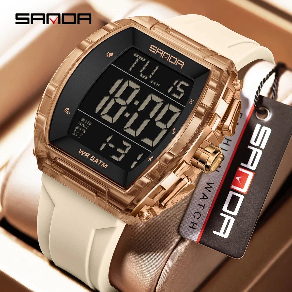 

SANDA Fashion Tonneau Dial Watch Men Waterproof Digital Multifunction Man Wristwatch Silicone LED Back Light Display Watches