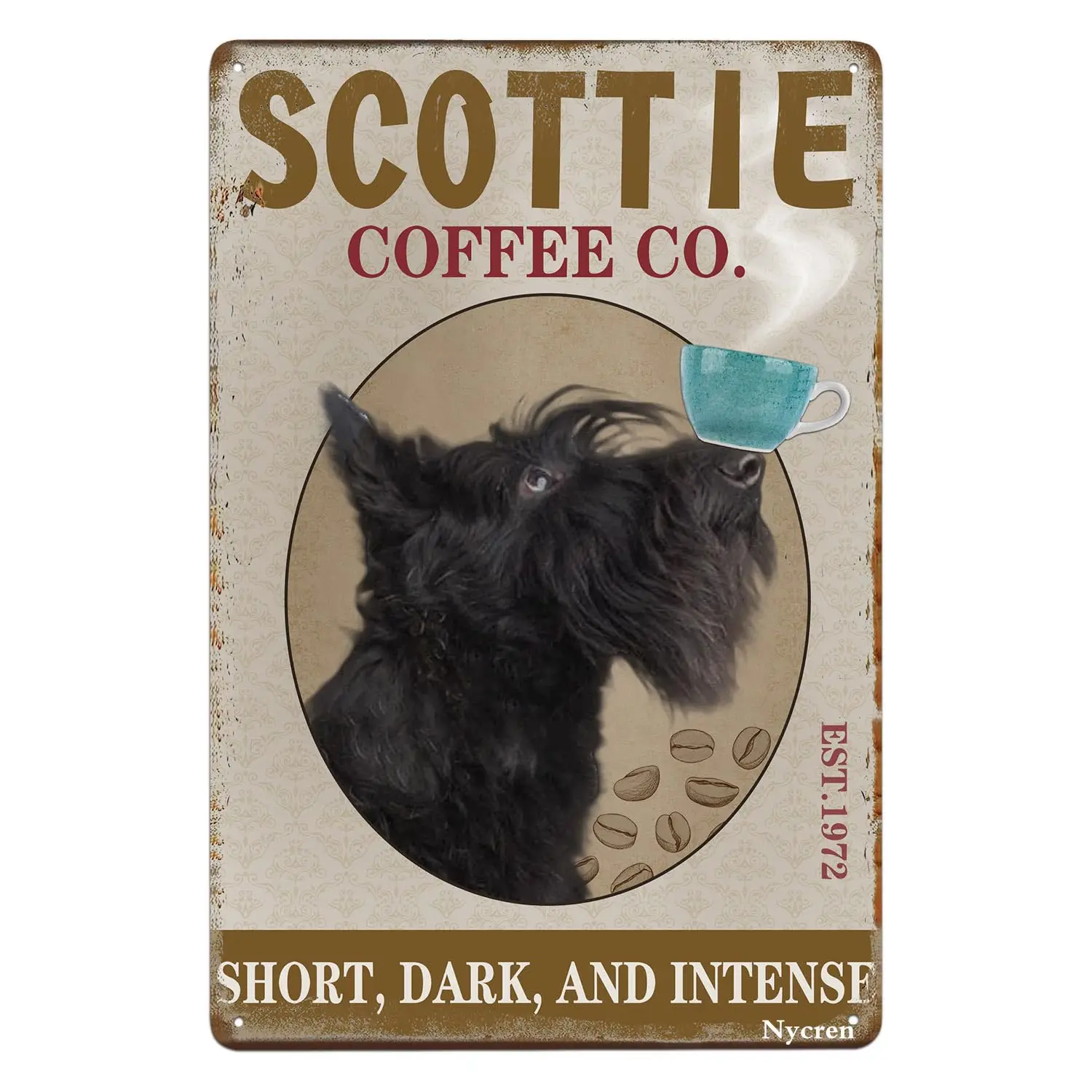 Scottie Dog Metal Tin Sign Coffee Short Dark and Intense Vintage Decoration Art Sign Home Kitchen Diner Restaurant Bar Cafe Club