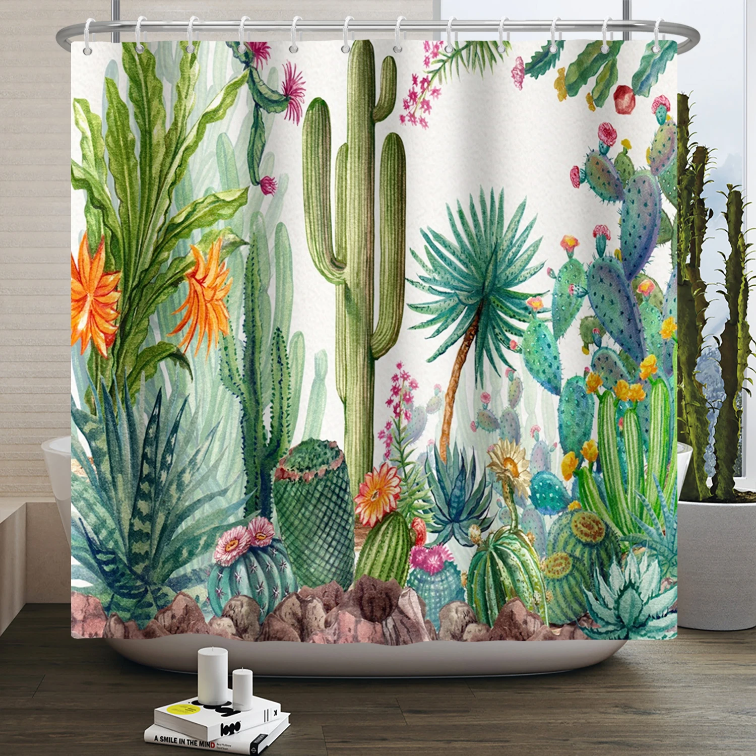 Green Plant Cactus Shower Curtain Tropical Botanical Flower Bathroom Shower Curtains Waterproof Fabric Bath Curtain Home Decor