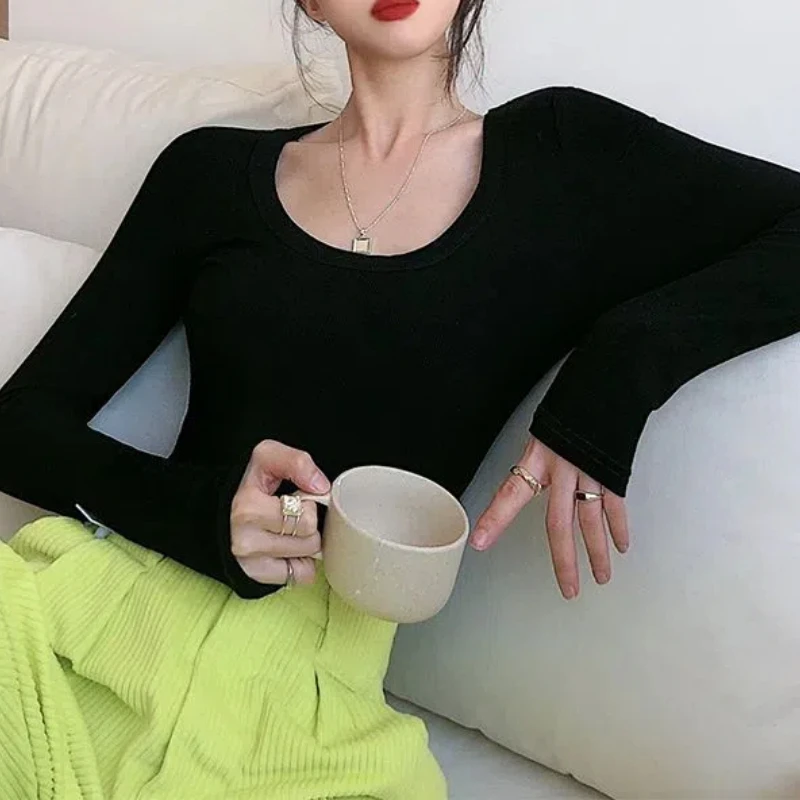 بلوفر نسائي برقبة مستديرة ، كم طويل ، أحادي اللون ، تي شيرت غير رسمي ، قمم مريحة ، ملابس تناسب جميع الملابس ، كوري ، ربيع ، خريف