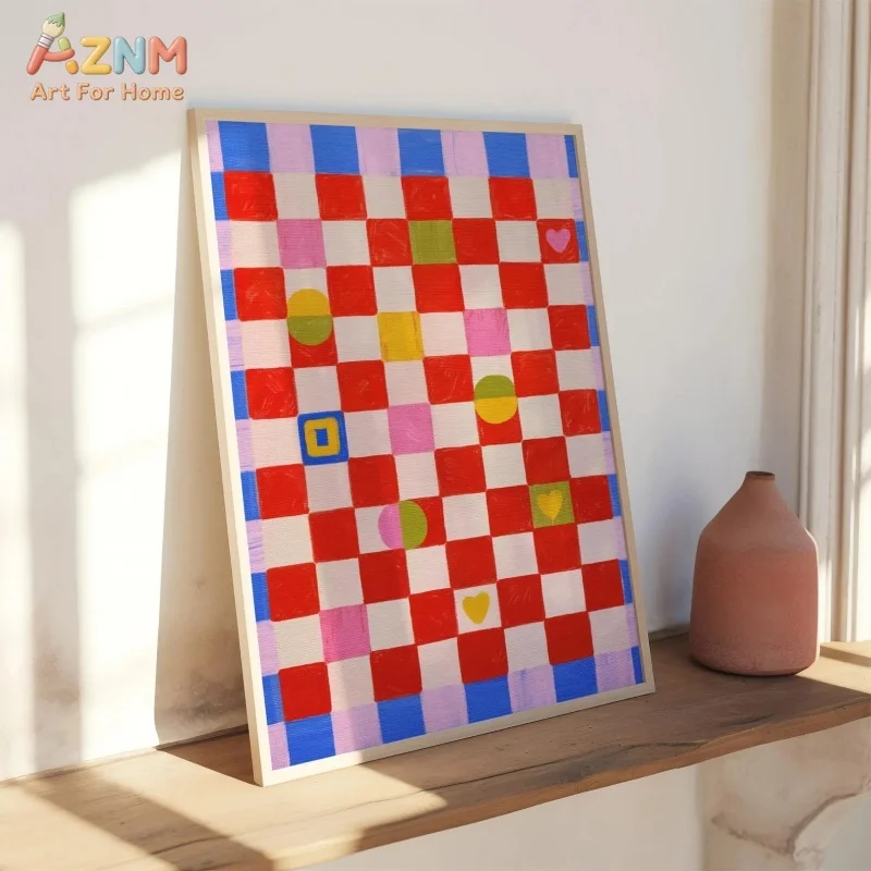 AZNM Red White Checkerboard Canvas Wall Art Colorful Circle Square Heart Geometric Hand Painted Print Unframed Canvas Cute Prepp