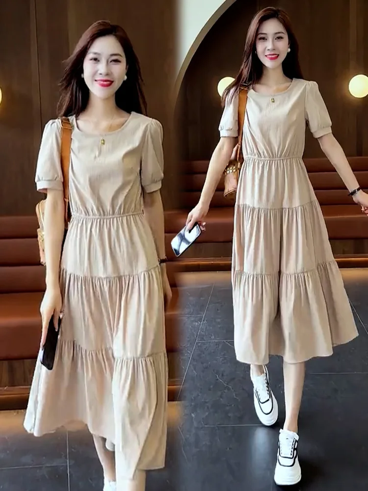 

Летнее шифоновое платье-миди для женщин, свободного кроя, с эффектом утягивания талии, для повседневной носки, с высокой талией, А-силуэт...