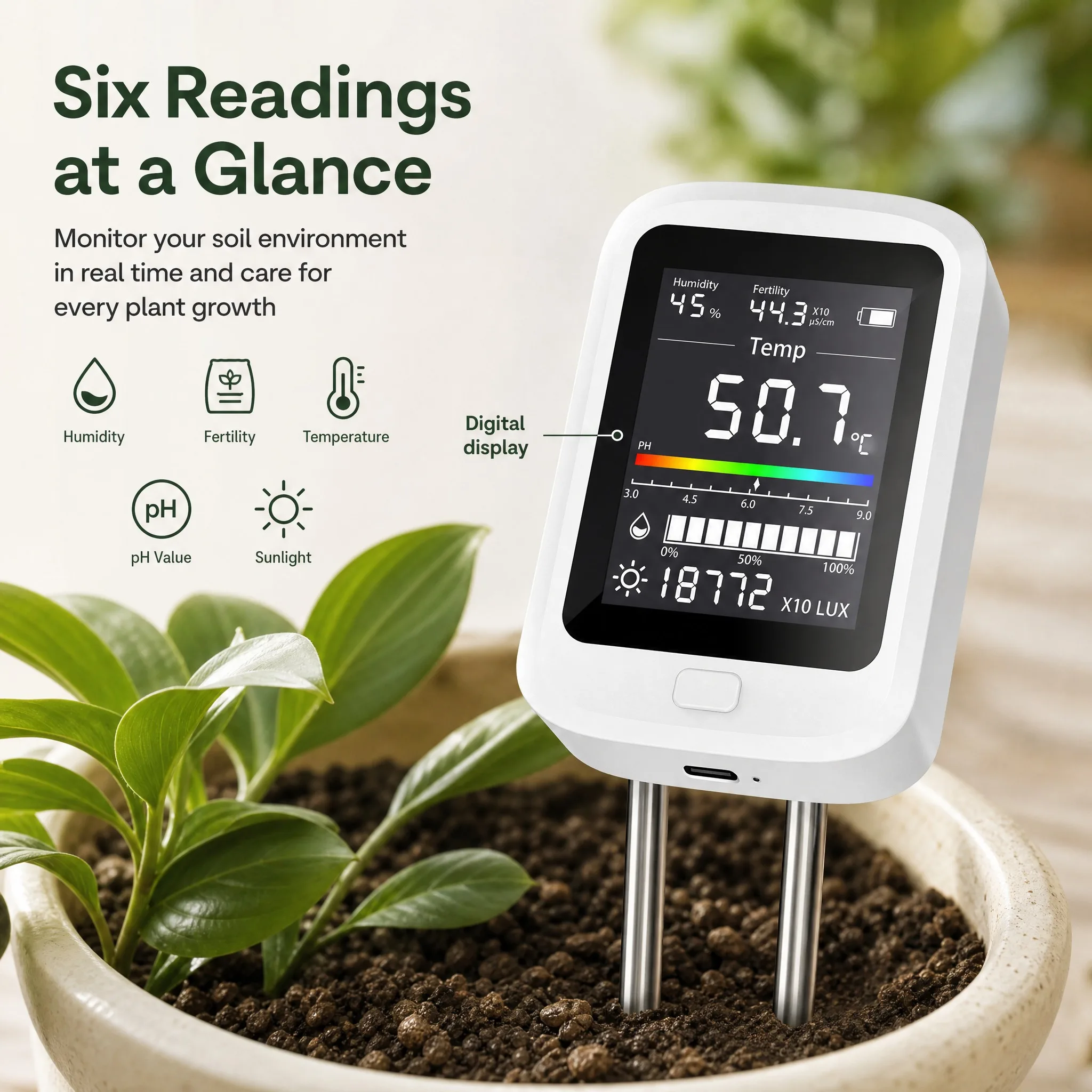 6-in-1 Soil Tester Centigrade Scale Digital PH Meter Type-C Rechargeable Moisture Fertility Temp Light Humidity Monitor Garden