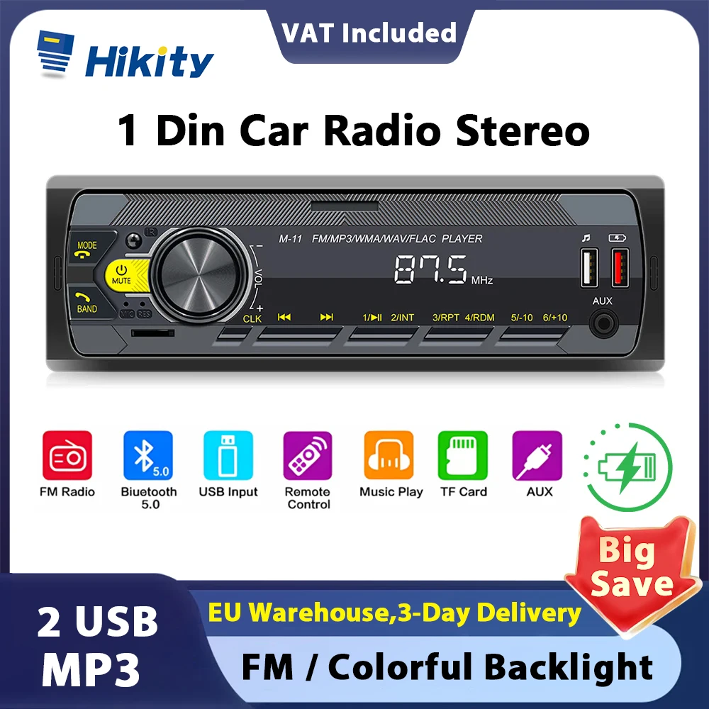 Hikity Universal 1DIN Car Radio Stereo MP3 Player Push to Talk Assistant Bluetooth Hands AM/FM Radio Support USB/SD/AUX-IN