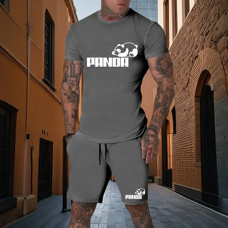 

Panda new summer men's two-piece set men's casual sports set printed short sleeved set men's T-shirt+shorts fitness sportswear