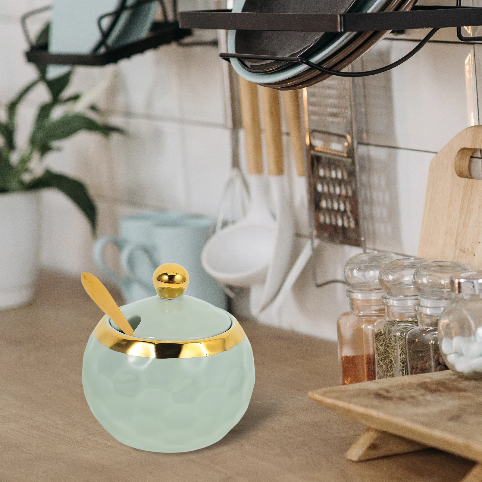 

1Set Ceramic Seasoning Jar Salt Sugar Chili Storage Container with Spoon Lid Minimalist Kitchen Condiment Pot for Home