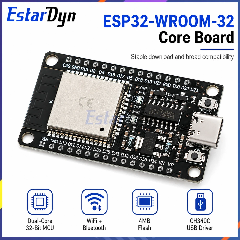 ESP32 Development Board USB Type-C CH340C WiFi Bluetooth Dual Core Low Power IoT ESP32-DevKitC-32 ESP-WROOM