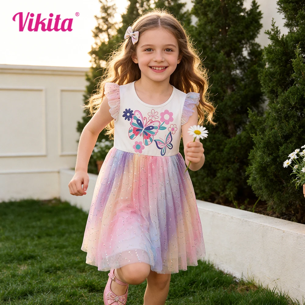 VIKITA Girls Butterfly Flower Tulle Dress Kids Ruffle Sleeve Summer Glitter Sparkly Colorful Gradient Party Holiday Casual Wear