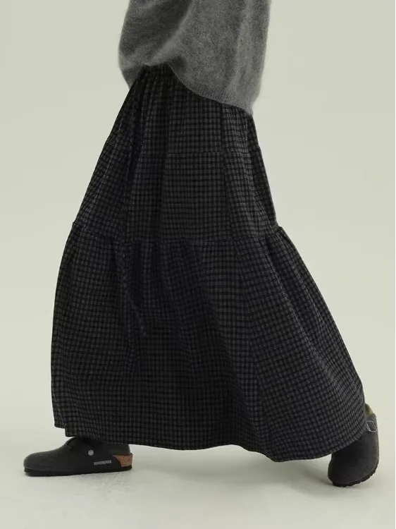 Retro retalhos xadrez a linha midi saia cintura elástica emagrecimento versátil tamanho grande roupas femininas casuais saias longas