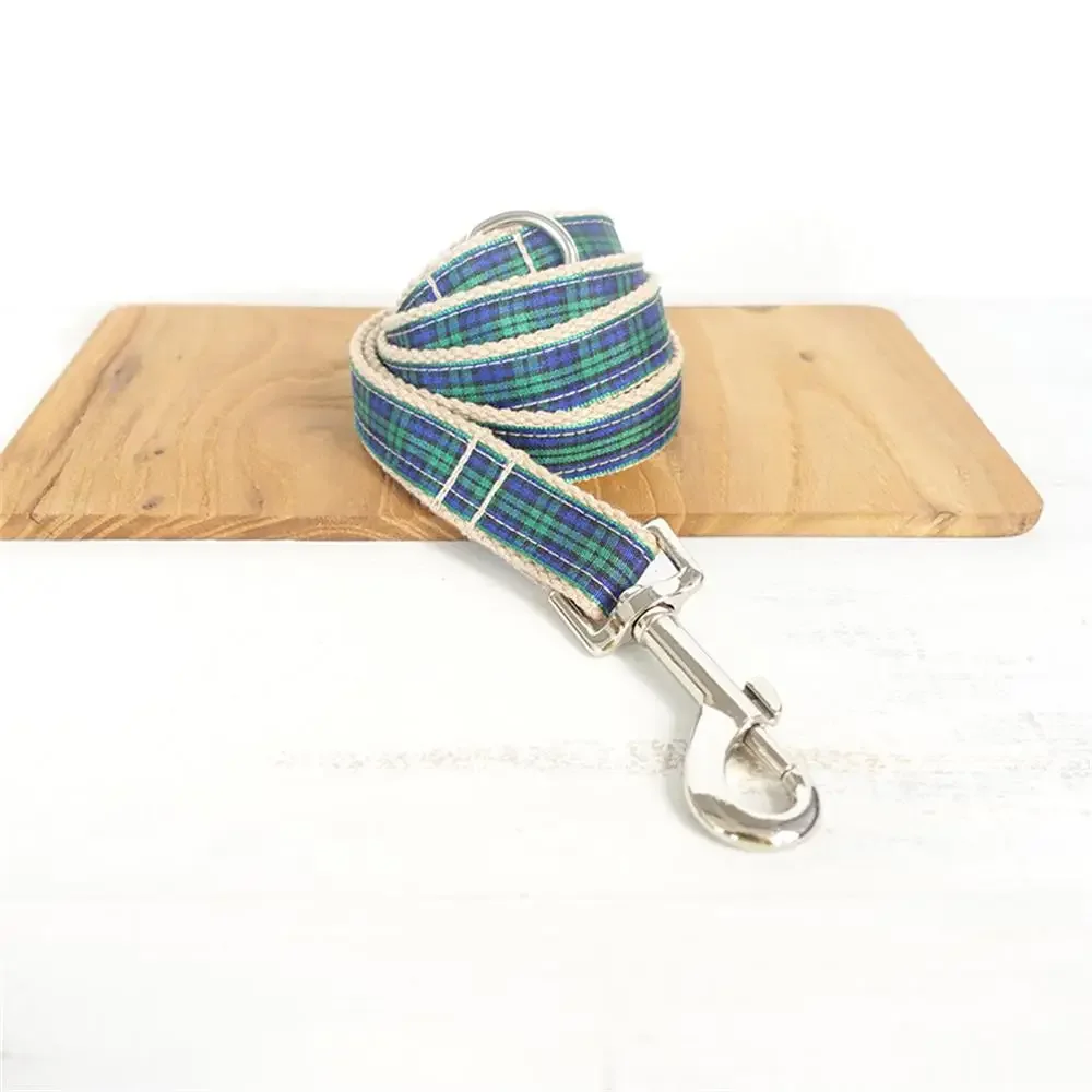 Personalized Dog Collar with Free Engraving, Matching Pet Leash,Customzied Contacts Metal Buckle,Green Plaid Pet Collar