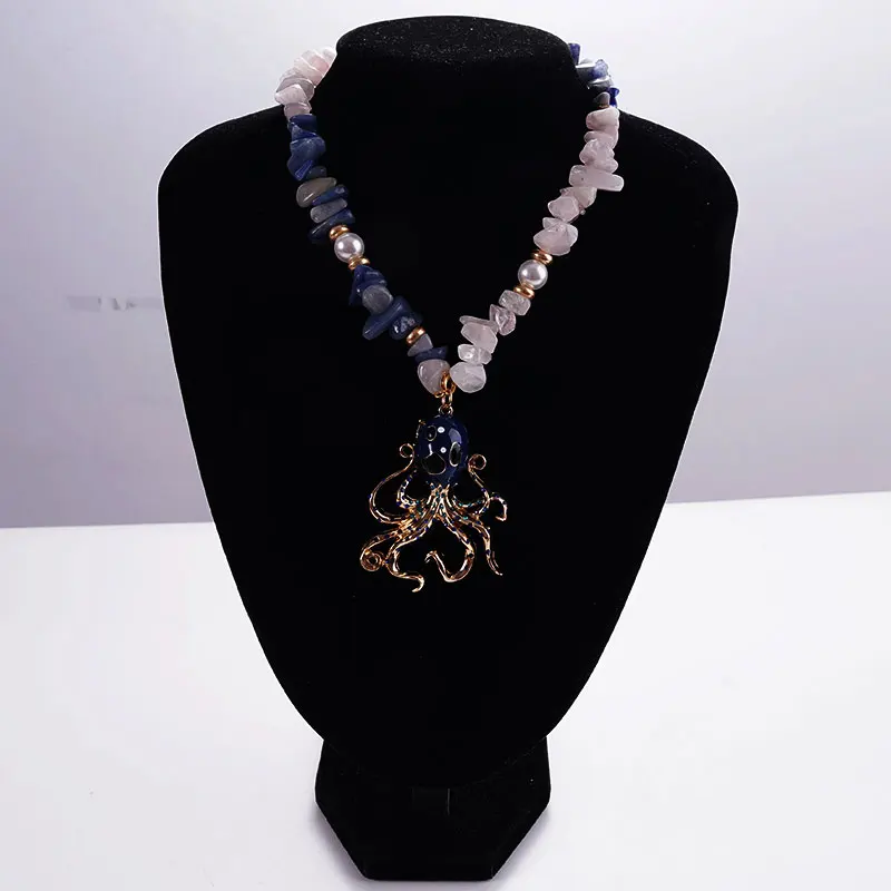 

Blue Ocean Creature Octopus Pendant Necklace With Colorful Natural Stone Chains Jewelry Gifts Exaggerated Accessories
