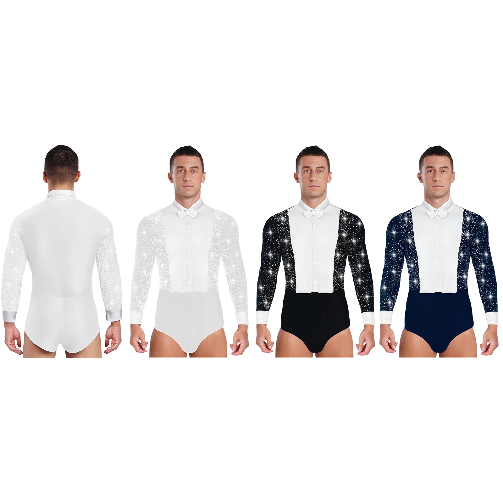 

‌Men's Rhinestone Dance Performance Leotard with Bowtie Color Block Patchwork Long Sleeves for Ballroom Latin Tango Dancing Wear