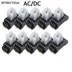 10set MY4NJ HH54PL AC/DC 12/24/36V/48V/110/220V/380V Coil 4NO 4NC Green LED Indicator Power Relay DIN Rail 14 Pin Base