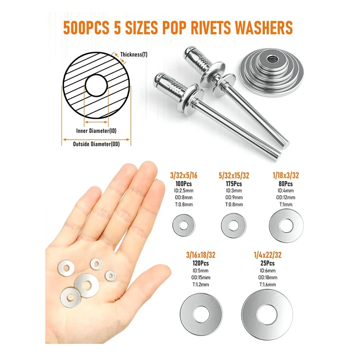 【BAAQ】 1000PCS Aluminum Rivets Assortment Kit,14 Sizes Rivets (3/32In 1/8In 5/32In 3/16In 1/4In), Assorted Blind Rivets