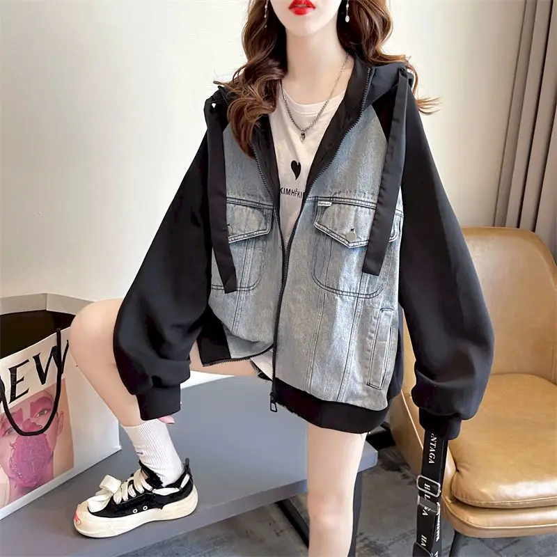 Fried Street Hoodies Women Fashion Design Sense Denim Stitching Hooded Jacket Spring Autumn Trend Cardigan Coat Korean Loose Top