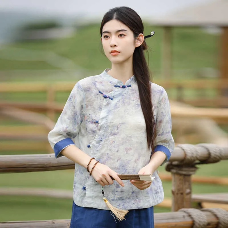 

New Chinese Style Women's Shirt Jacket Large Size Cotton Linen Spring Summer Fashion Commute Artistic Batwing Sleeve Print