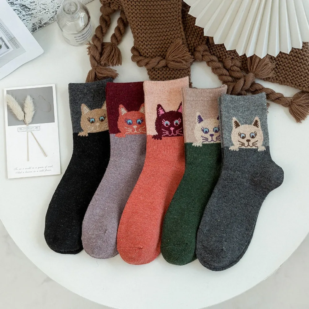 5 Pairs Cotton Cartoon Cat Socks Jacquard Elastic Cuff Cotton Crew Socks Sweat Wicking Skin-Friendly Kitten Printed Socks