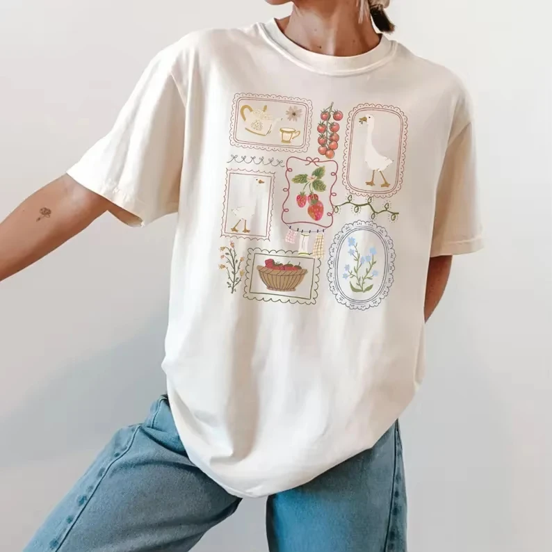 Country Style Print T-Shirt Women’s Casual Crew Neck Short Sleeve Tee Vintage Botanical Bird Garden Tools Print for Daily Wear