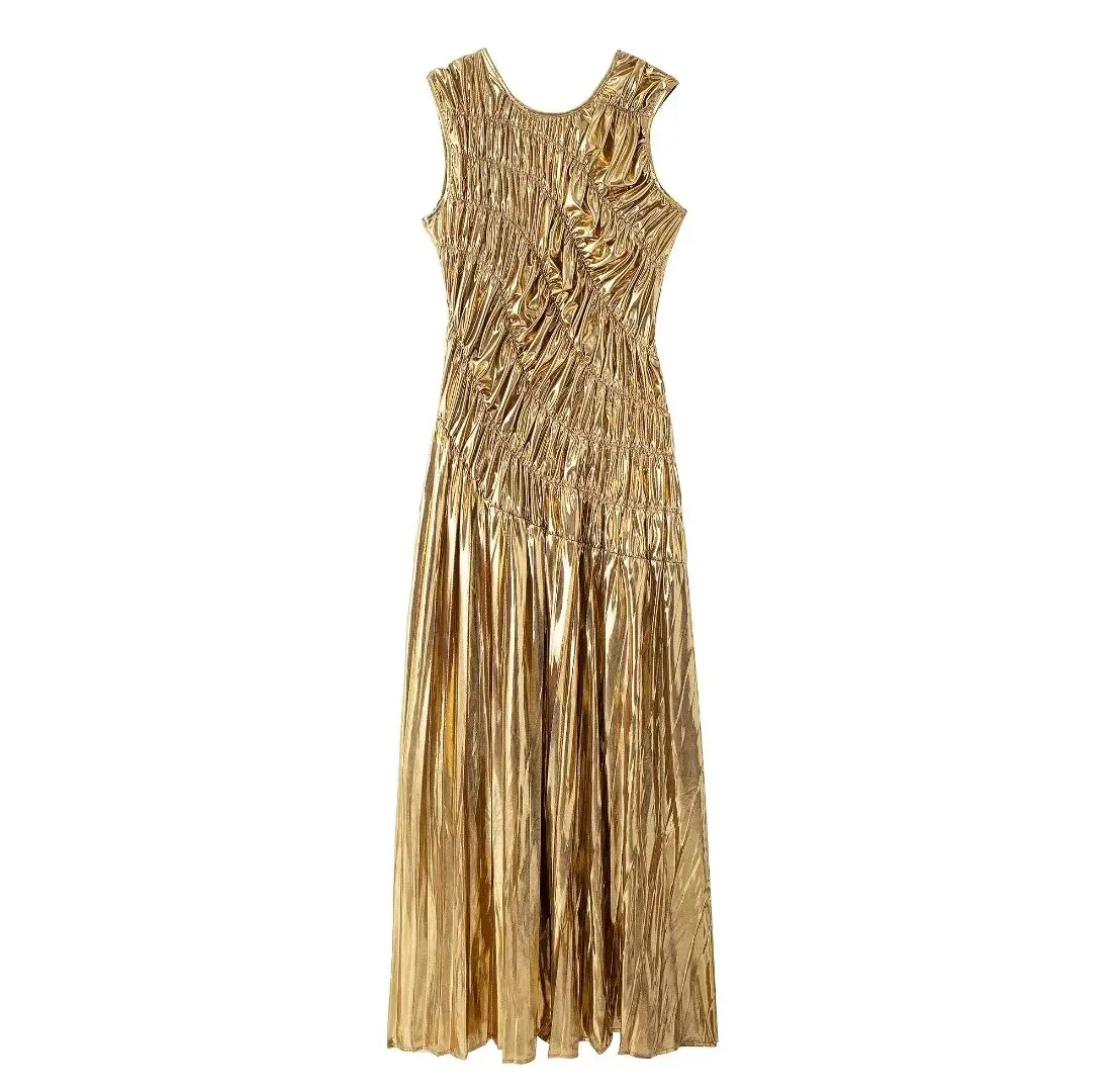 Tangada 2024 Women Gold Pleated Long Dress O Neck Female Party Dresses BE0263