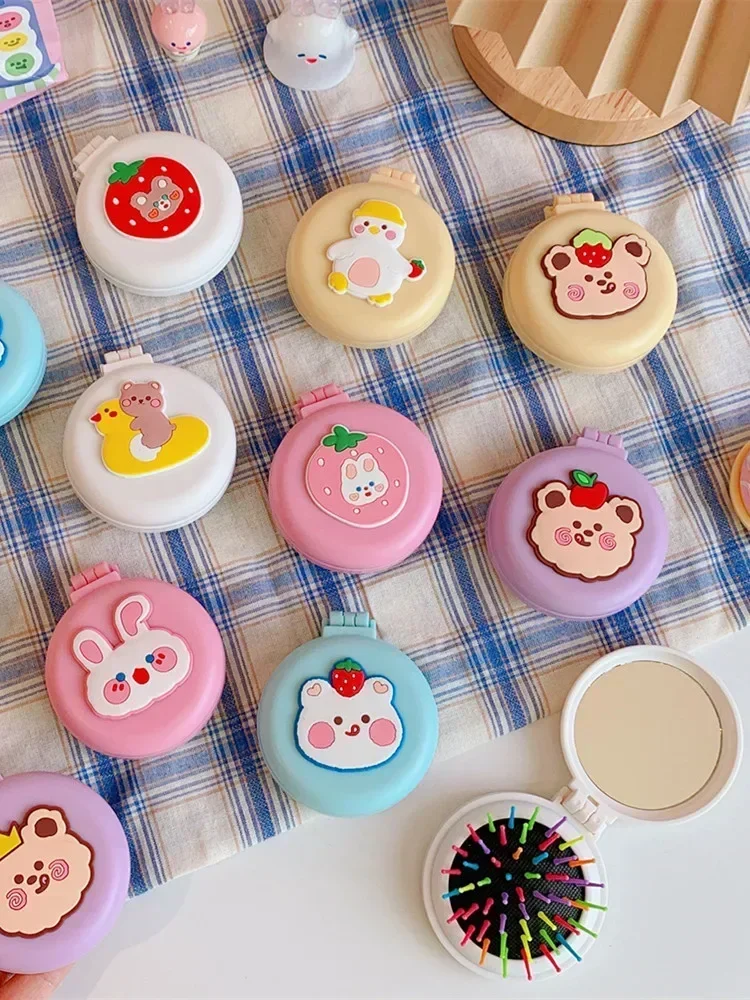 Peignes à airbag pliants aux pêches douces, avec miroirs, brosses à cheveux de voyage compactes, miroirs cosmétiques, masseur de tête relaxant