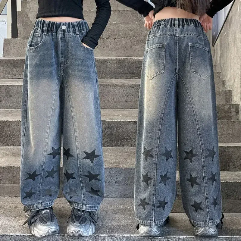 Teens School Children Trousers Five-Pointed Star Design Casual Loose Jeans for Girls Elastic Waist Fashion Kids Straight Pants