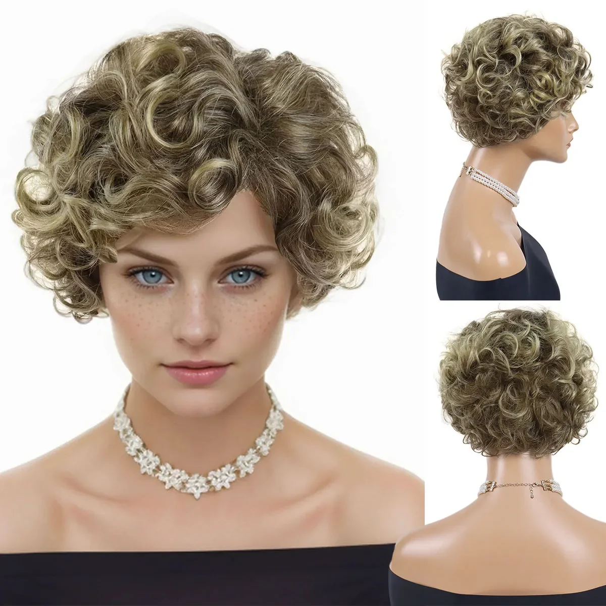 

Premium Synthetic Wigs for Elder Women Mixed Blonde Curly Wig with Bangs Natural Hair Styles Mommy Wig Short Old Lady Costume