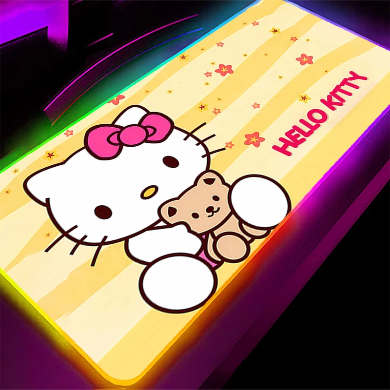 Backlight mouse pad hello kitty gamer tapete de mesa computador anime rgb mousepad notbook grande teclado acessórios de jogos mausepad