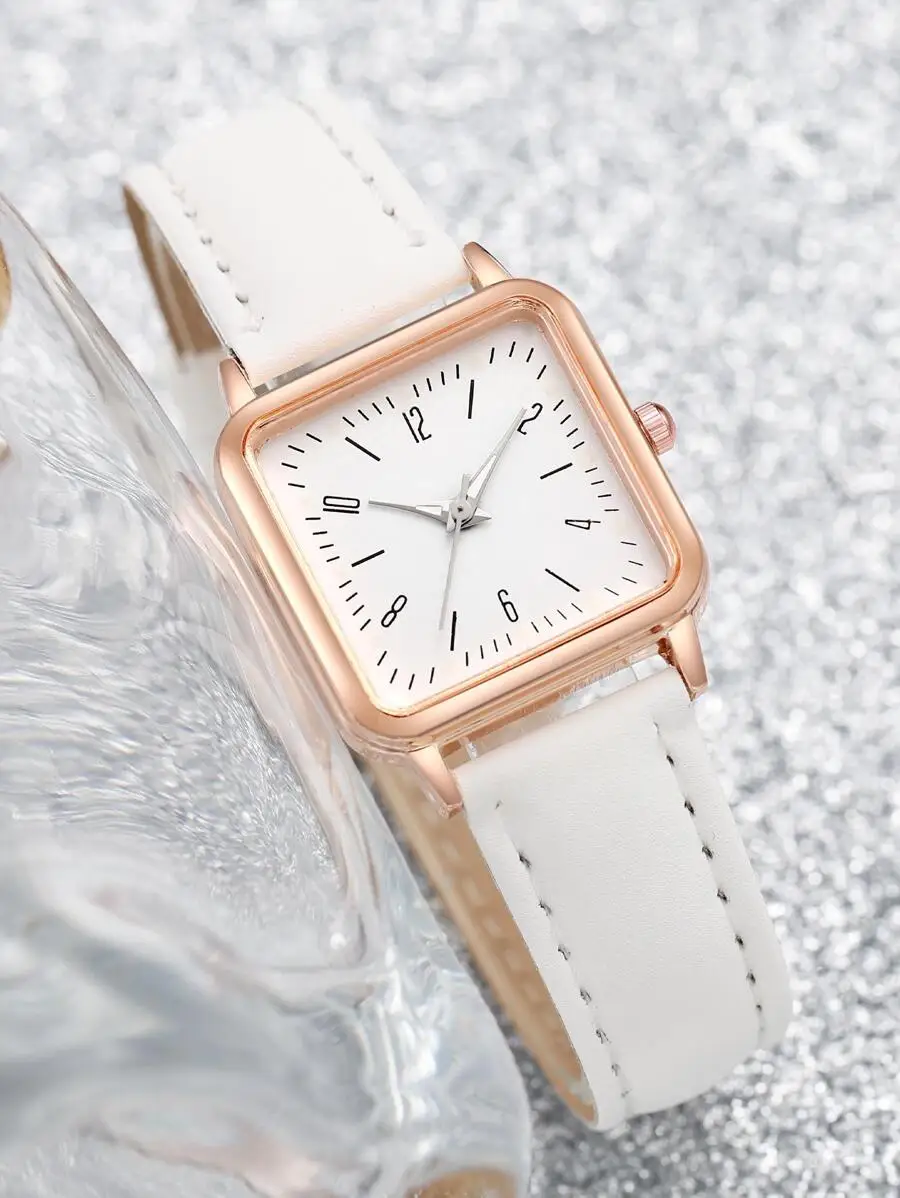1pc White PU Polyurethane Strap Fashionable Square Dial Quartz Watch & 1pc Chain Bracelet, For Daily Life As A Gift For