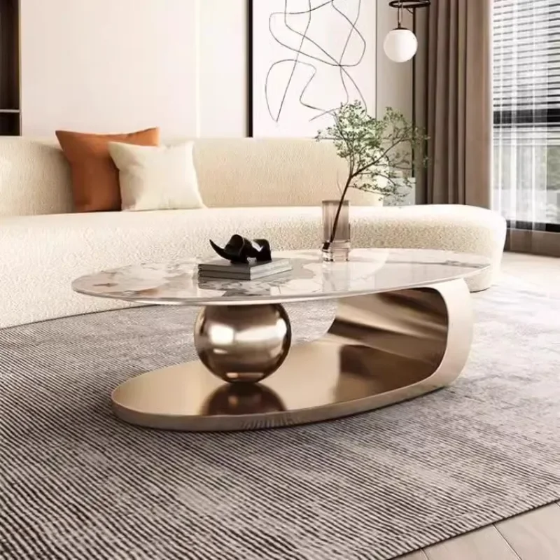 Mesa de centro ovalada minimalista nórdica con borde de piedra, combinación de varios estilos, popular entre influencers online.