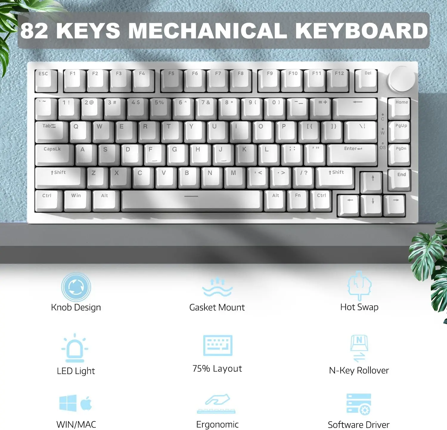 AJAZZ AK820 75% TKL لوحة مفاتيح ميكانيكية سلكية للألعاب، مفتاح أزرق قابل للتبديل السريع، حامل حشية، 82 مفتاحًا مع مقبض حجم CNC