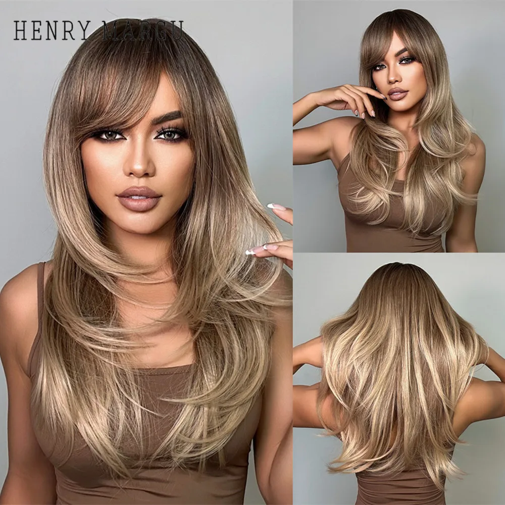 HENRY MARGU Brown Long Layered Wig for Women Straight Synthetic Wigs with Bangs Natural Ombre Brown Wig for Daily Heat Resistant