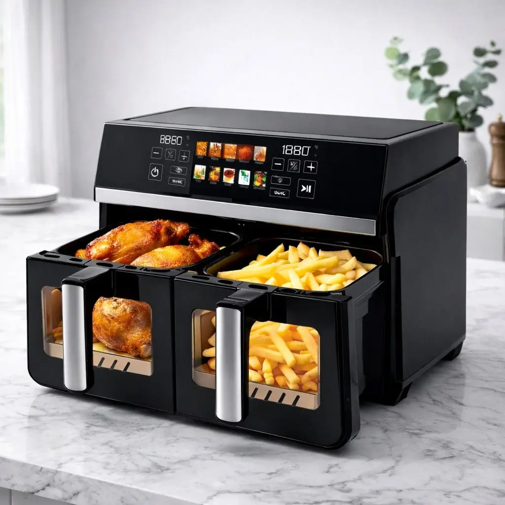 5+5L Doppelkorb-Heißluftfritteuse mit Smart-Touchscreen, Sichtfenster & Einstellbaren Bedienelementen, 2200W